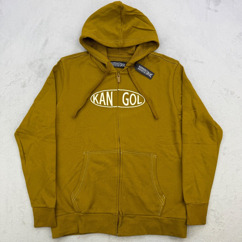 Kangol Hoodie Mens Large Mustard Yellow Embroidered Kangaroo Logo Streetwear